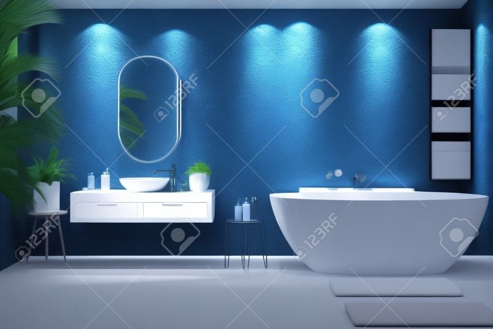 Design degli interni del bagno moderno su parete di colore blu scuro, rendering 3d