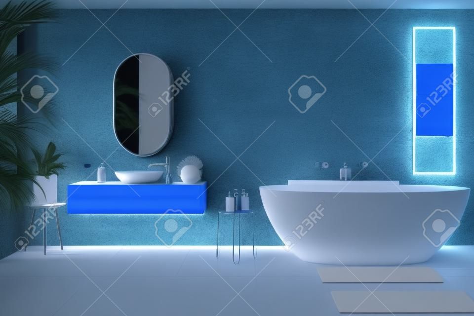 Design degli interni del bagno moderno su parete di colore blu scuro, rendering 3d