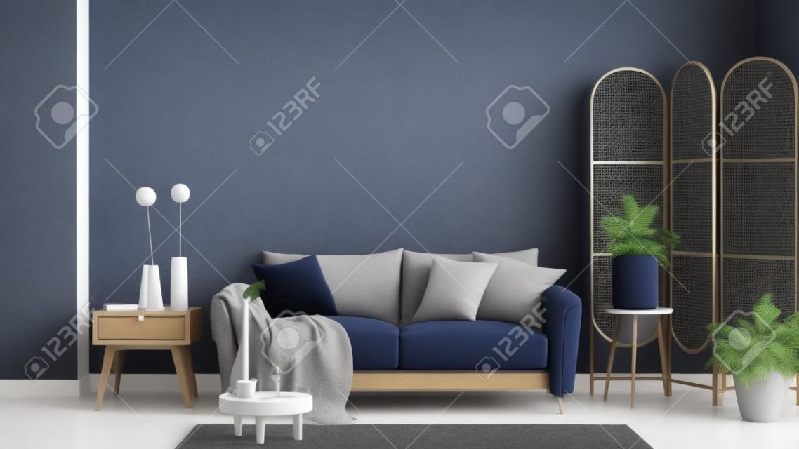 Wohnzimmer mit grauem Sofa und dunkelblauer Wand. 3D-Rendering