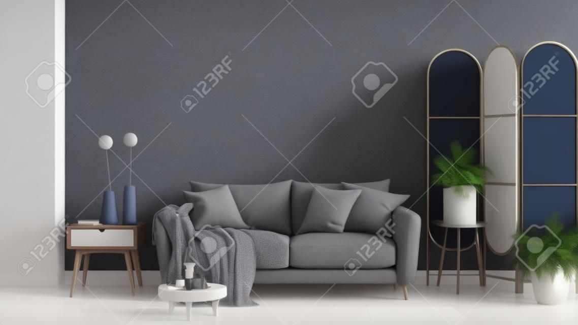 Wohnzimmer mit grauem Sofa und dunkelblauer Wand. 3D-Rendering