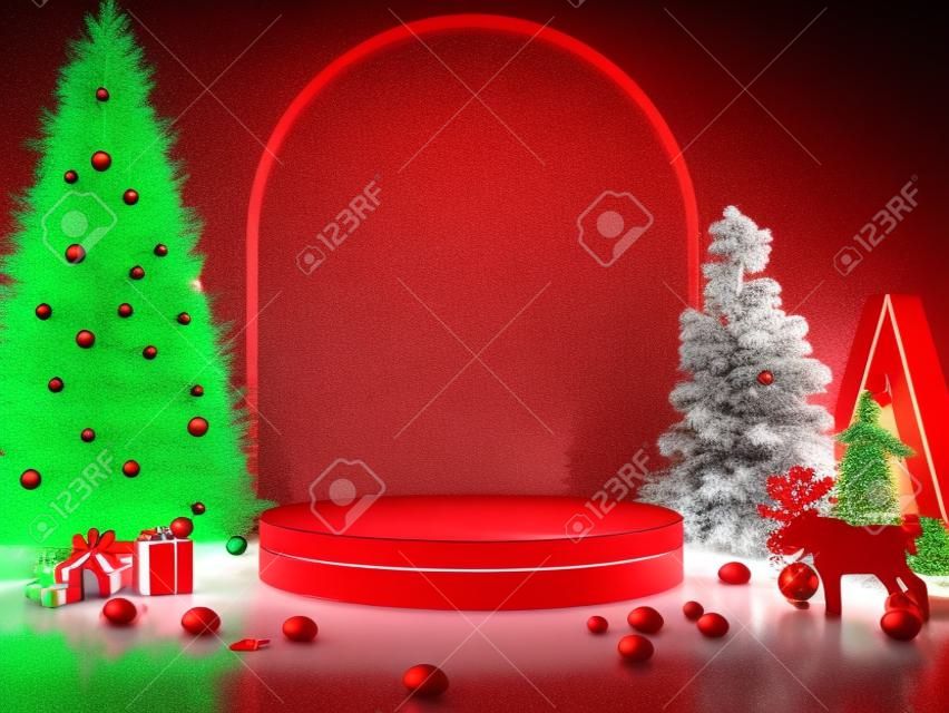 Product display podium with christmas tree in forest area on red wall background.3d rendering