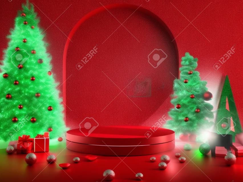 Product display podium with christmas tree in forest area on red wall background.3d rendering