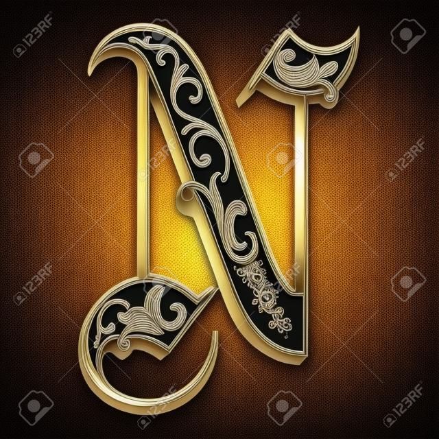 Gyönyörű dekoráció angol ábécét, gótikus stílusban, N betű