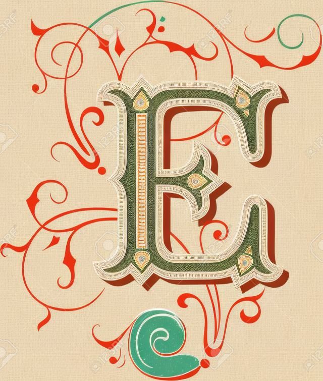 아름답게 장식 된 영어 알파벳 문자 E