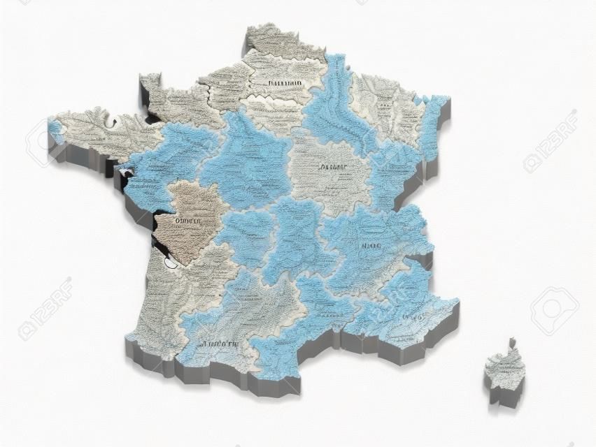 Three-dimensional map of France on white isolated background. 3d