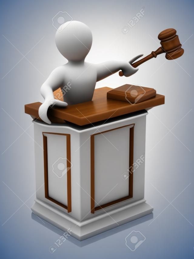 Men with gavel on white isolated background. 3d