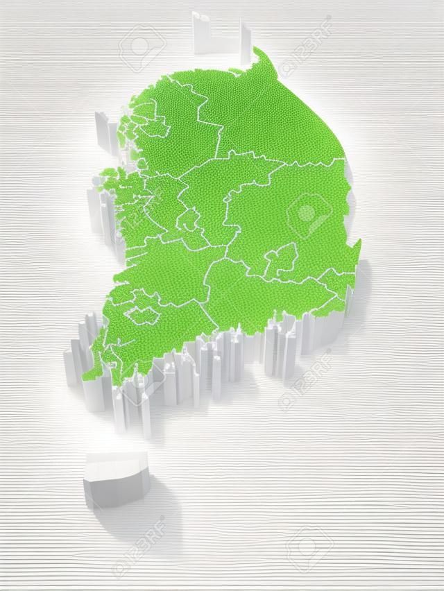 Mappa tridimensionale della Corea meridionale su sfondo bianco isolato. 3D