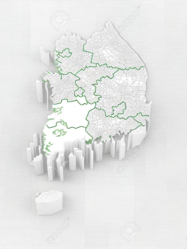 Mappa tridimensionale della Corea meridionale su sfondo bianco isolato. 3D