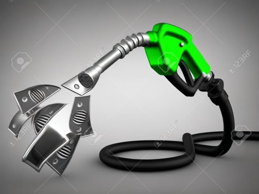 Gas-und Pumpe-Düse-Dollar auf weißem Hintergrund 3D
