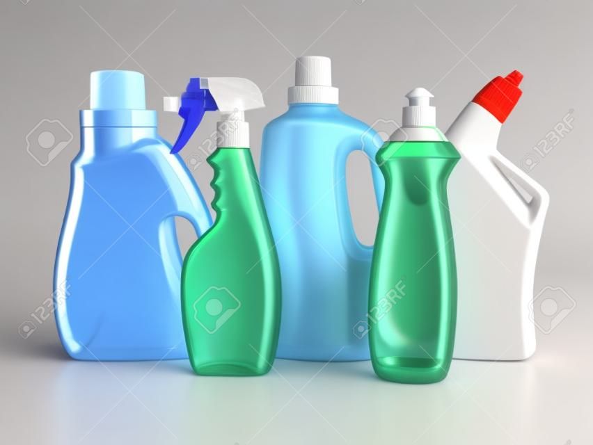 Botellas de plástico de detergente en el fondo blanco 3d Productos de limpieza