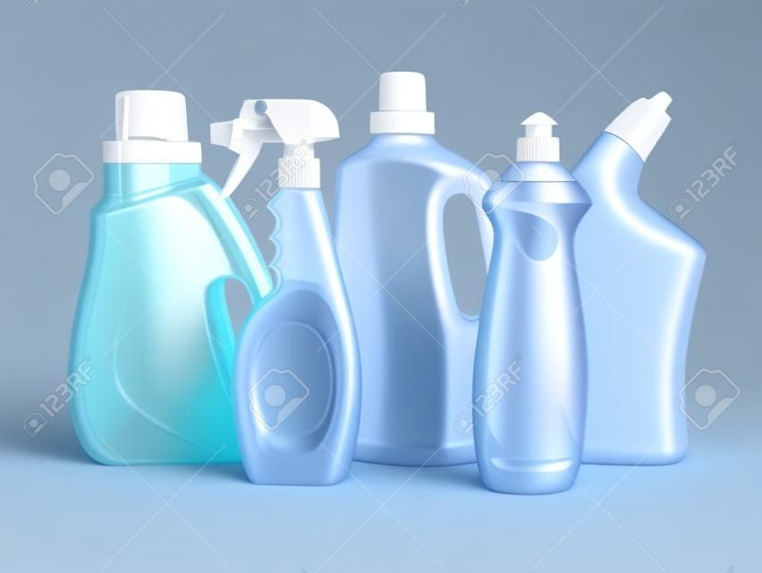 Пластиковые бутылки моющего средства на белом фоне Чистящие средства 3D