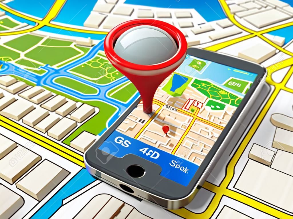 Koncepcja mobilnej nawigacji GPS. Smartphone na mapę miasta, 3d