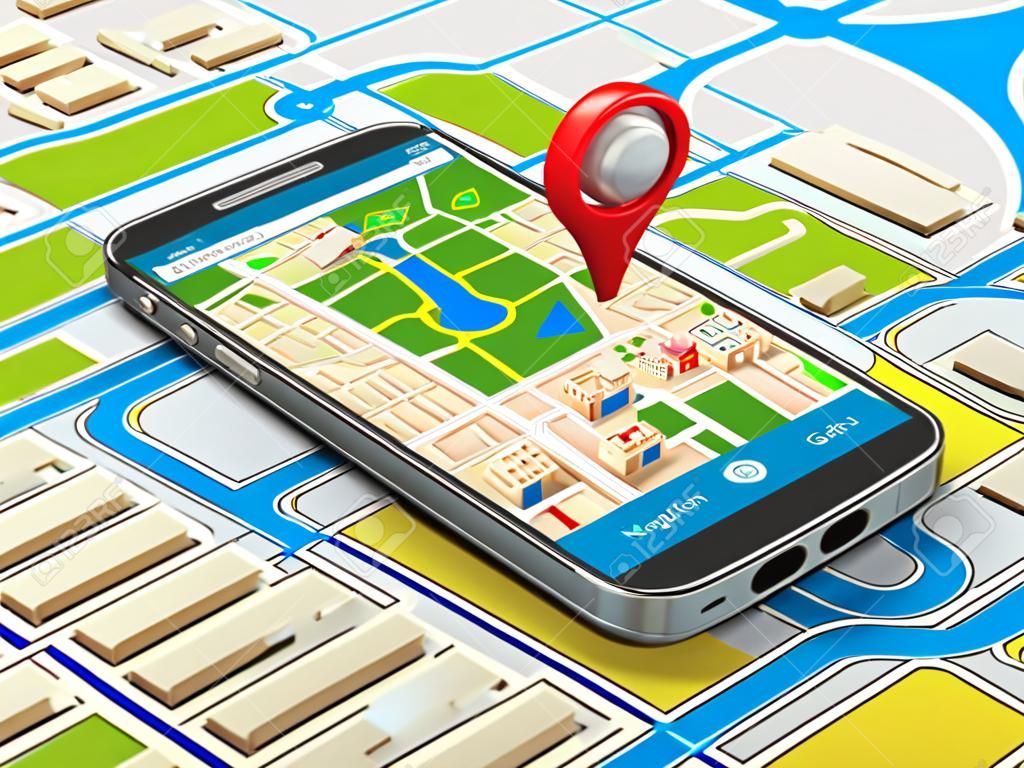 Koncepcja mobilnej nawigacji GPS. Smartphone na mapę miasta, 3d