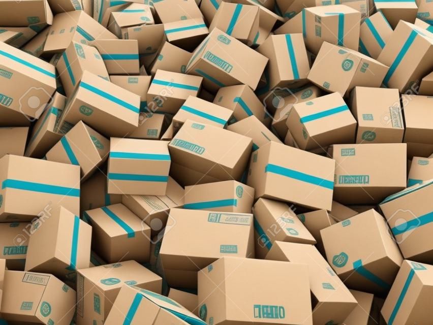 紙板箱交貨或包裹堆。倉庫的概念背景。 3D