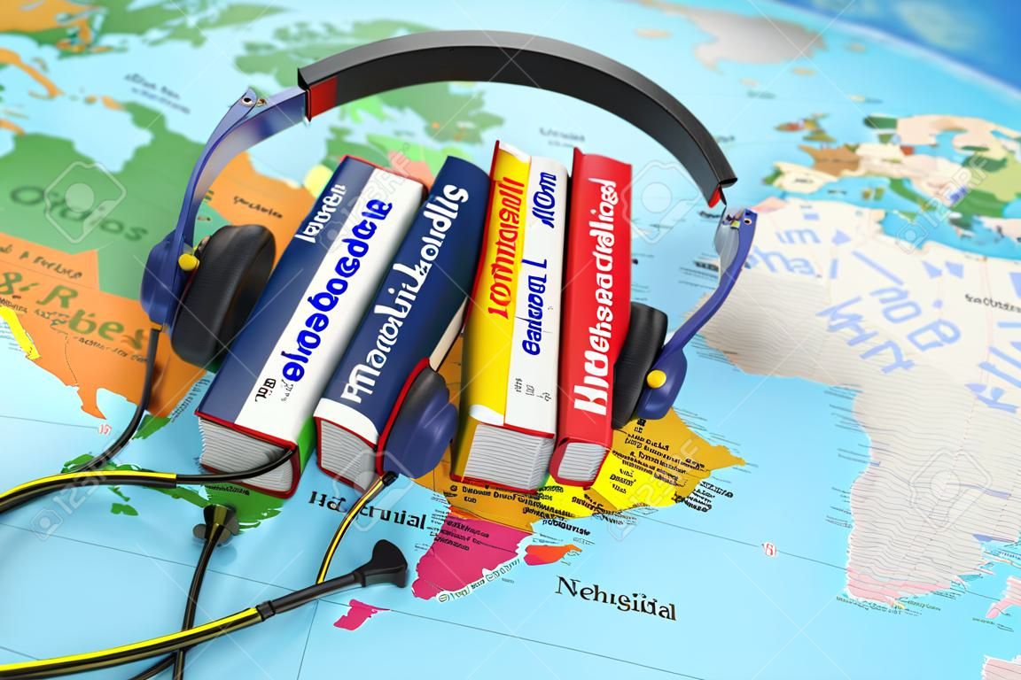 Linguagens de aprendizagem online. Conceito de audiolivros. Livros e fones de ouvido no mundo do mapa. 3d