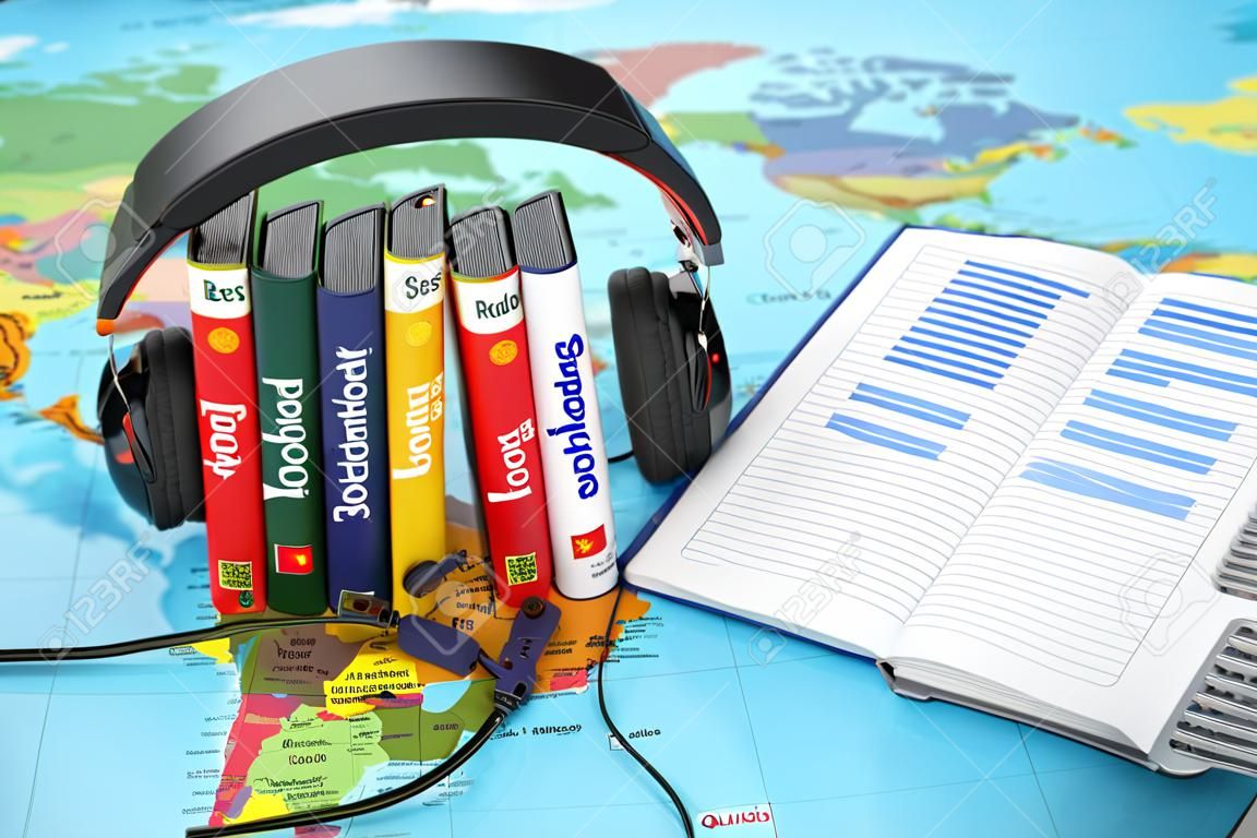 Sprachen lernen online. Hörbücher Konzept. Bücher und Kopfhörer auf der Karte Welt. 3d