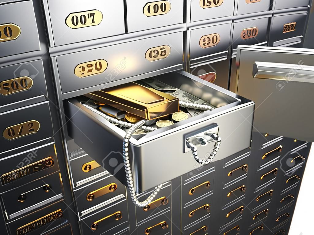 Aprire cassetta di sicurezza con il denaro, gioielli e lingotti d'oro. illustrazione 3D