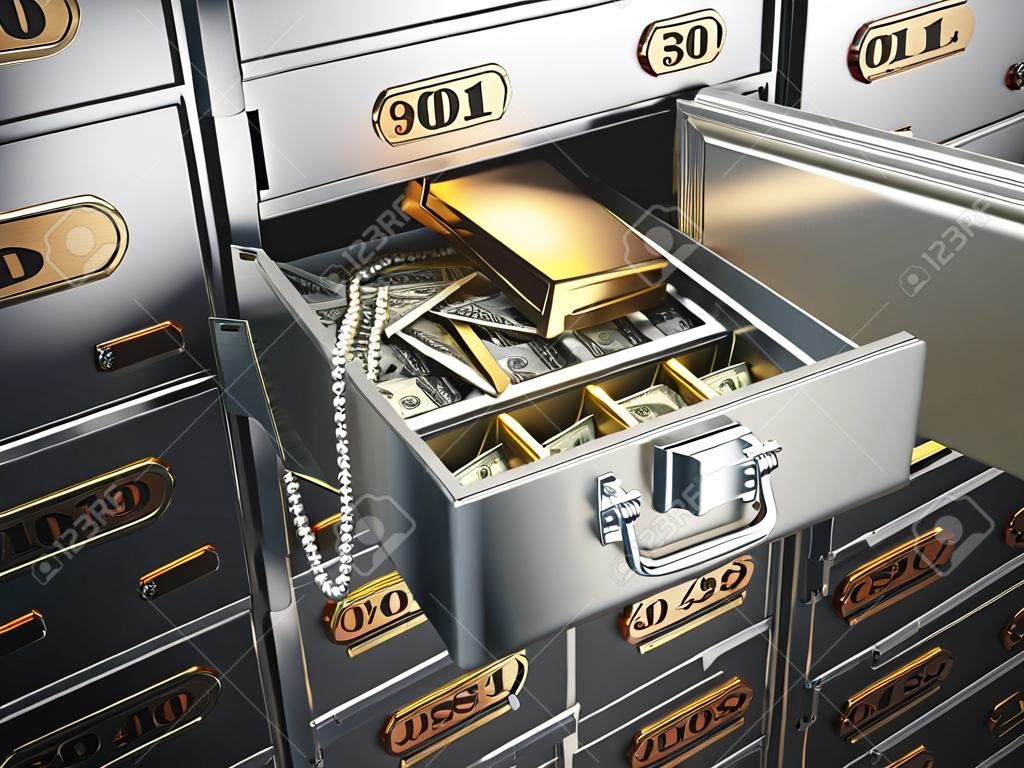 Öffnen Sie Safe mit Geld, Juwelen und goldenen Barren. 3D-Darstellung