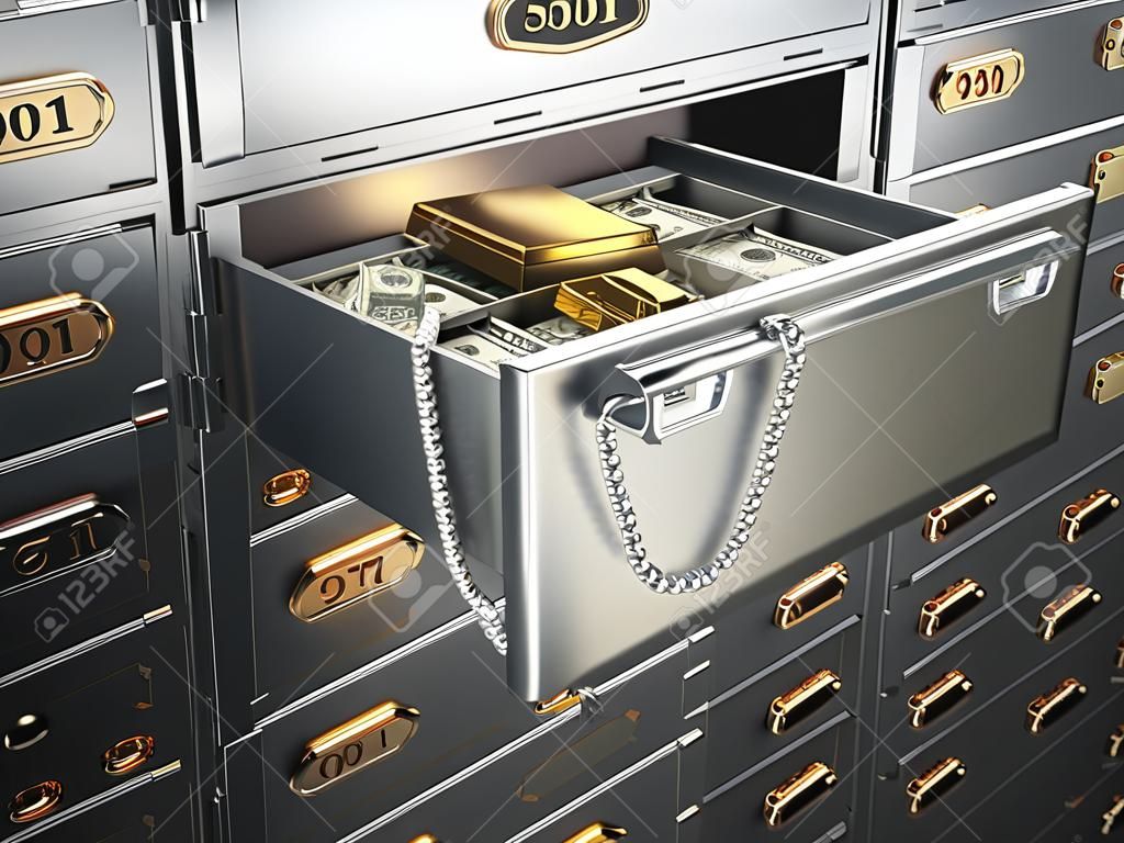 Open safe deposit box with money, jewels and golden ingot. 3d illustration