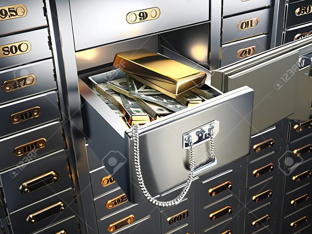 Öffnen Sie Safe mit Geld, Juwelen und goldenen Barren. 3D-Darstellung