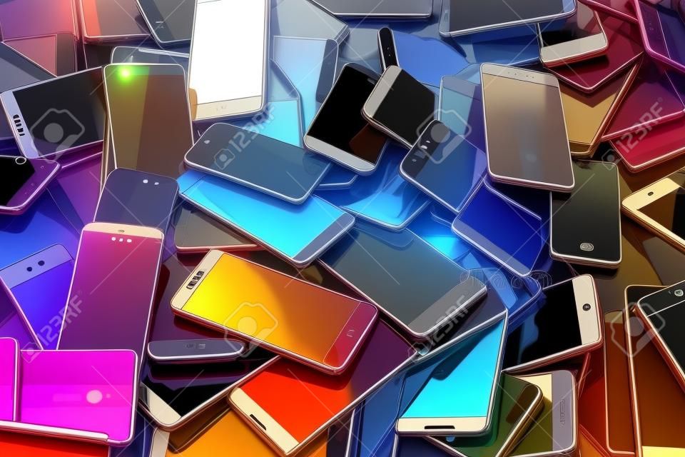 Heap of different smartphones. Mobile phone technology concept background. 3d illustration