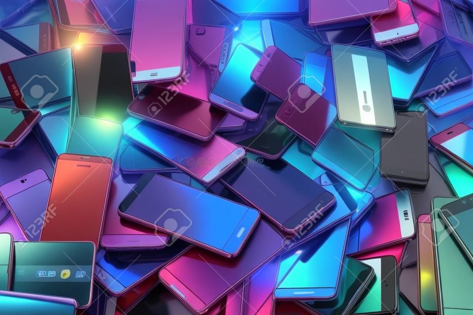 Heap of different smartphones. Mobile phone technology concept background. 3d illustration