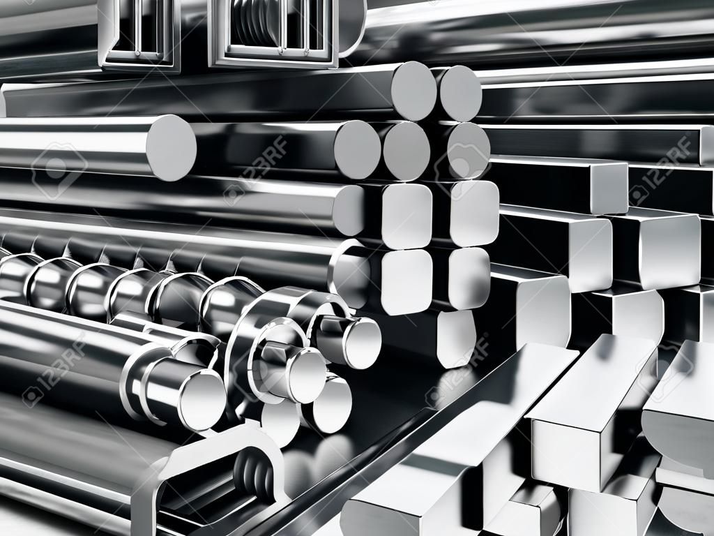 Perfiles y tubos metálicos. Diferentes productos de acero inoxidable. Ilustración 3d