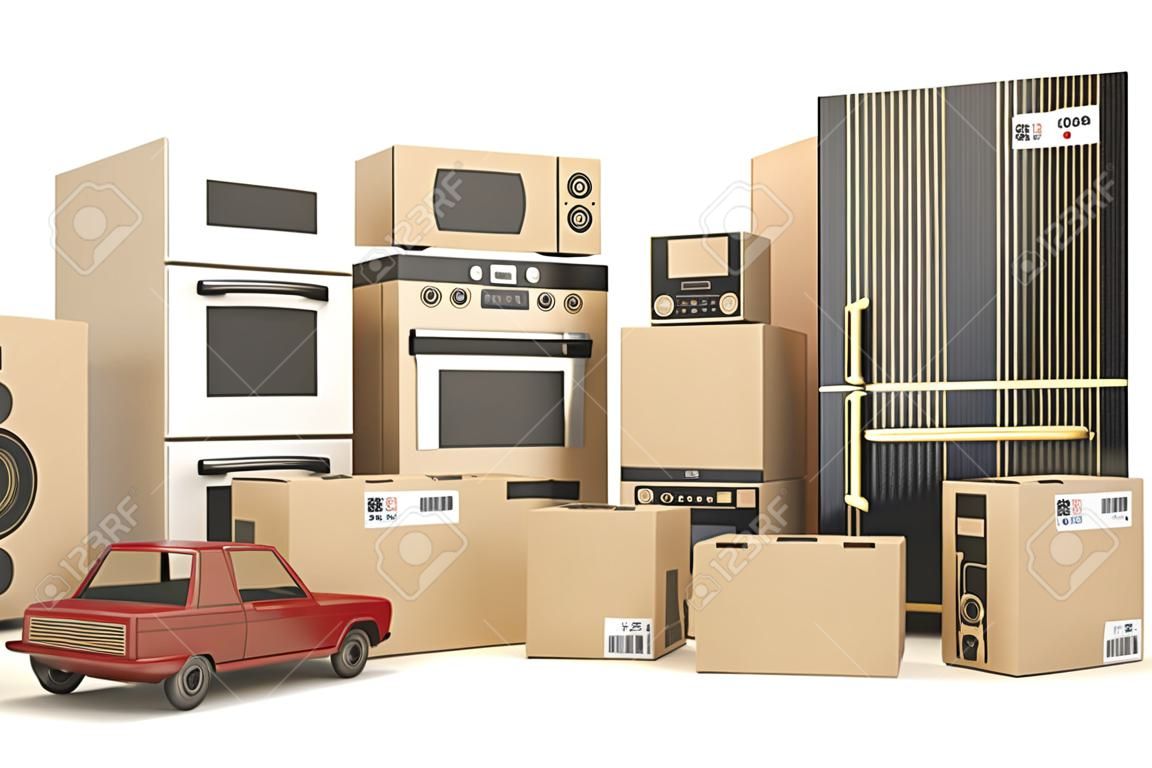 Household kitchen appliances and home electronics in carboard boxes isolated on white. E-commerce, internet online shopping and delivery concept. 3d illustration