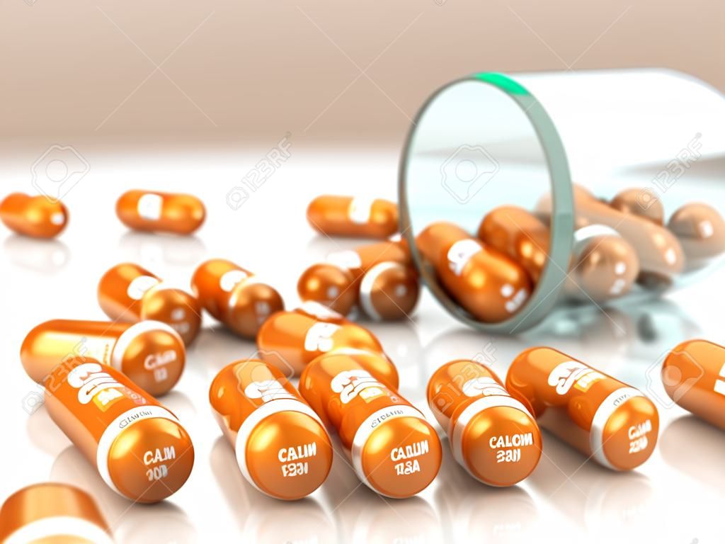 Capsula con elemento calcio CA Integratori alimentari. Pillola vitaminica. illustrazione 3D