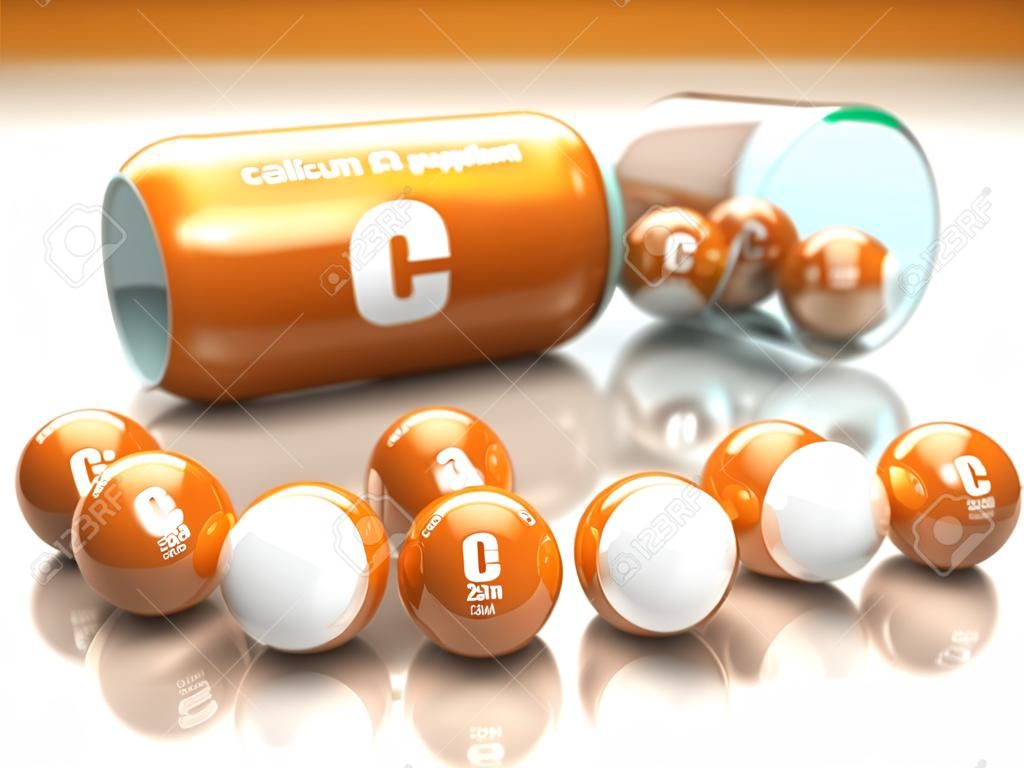 Capsula con elemento calcio CA Integratori alimentari. Pillola vitaminica. illustrazione 3D