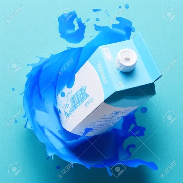 Milk carton box or packaging of milk and splash of milk on blue