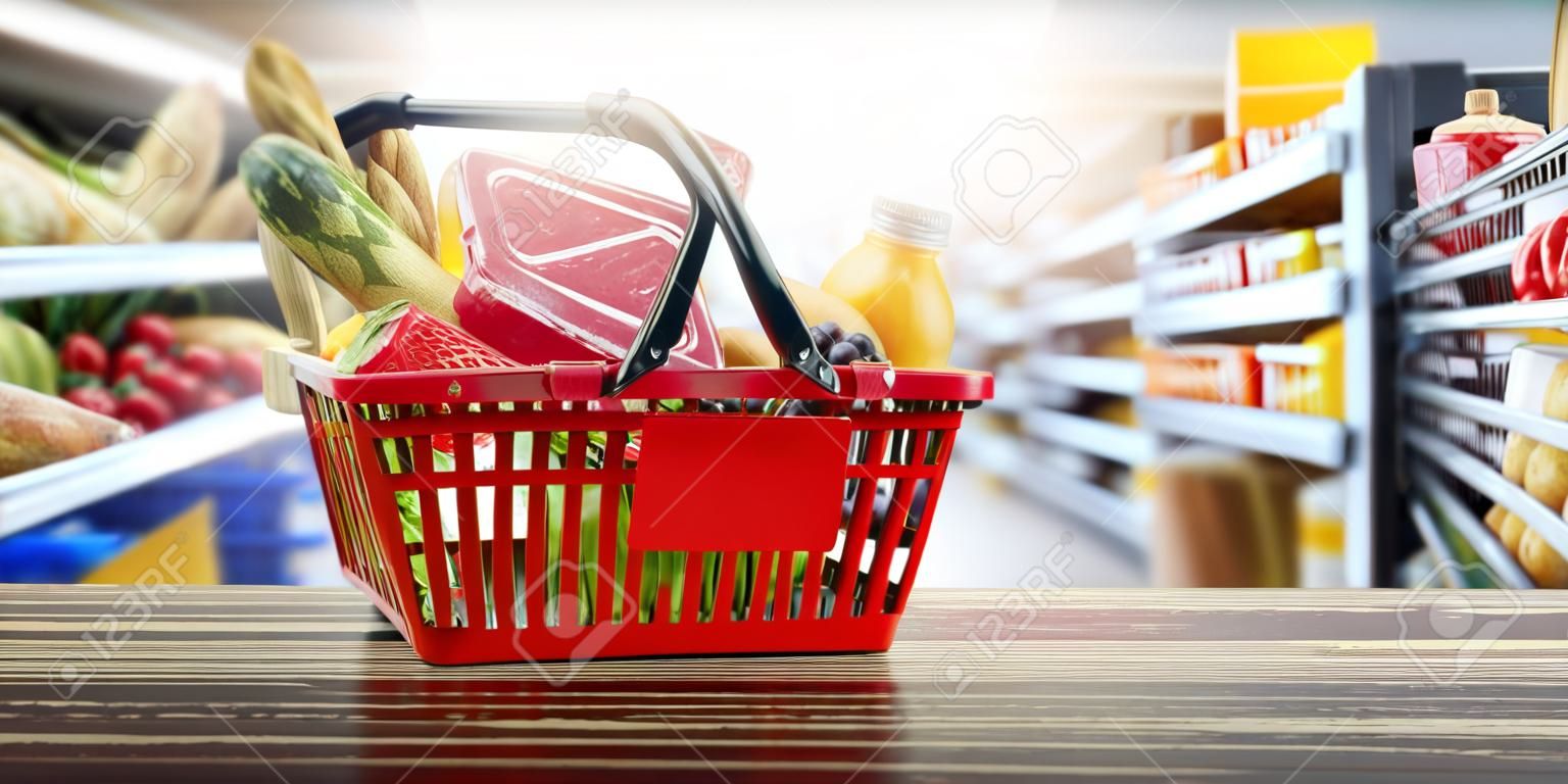 Shopping basket with fresh food. Grocery supermarket, food and eats online buying and delivery concept. 3d illustration