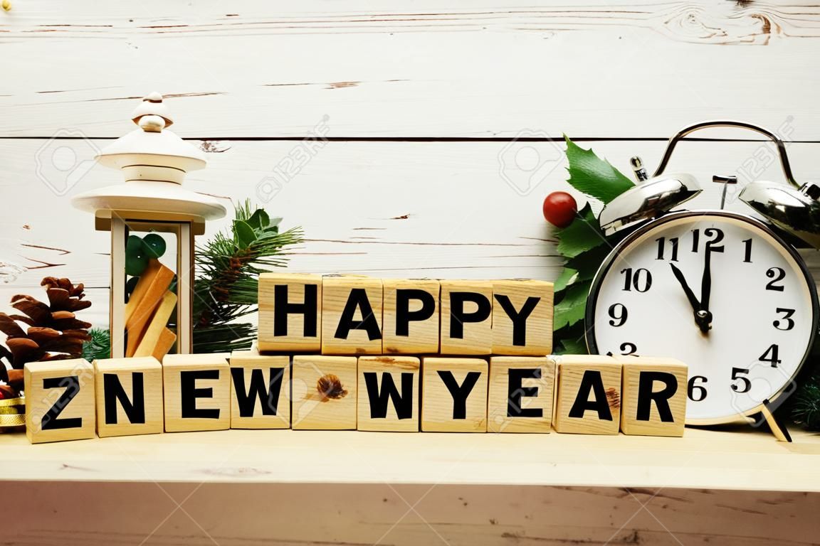 hapy new year alphabet letters on wooden background