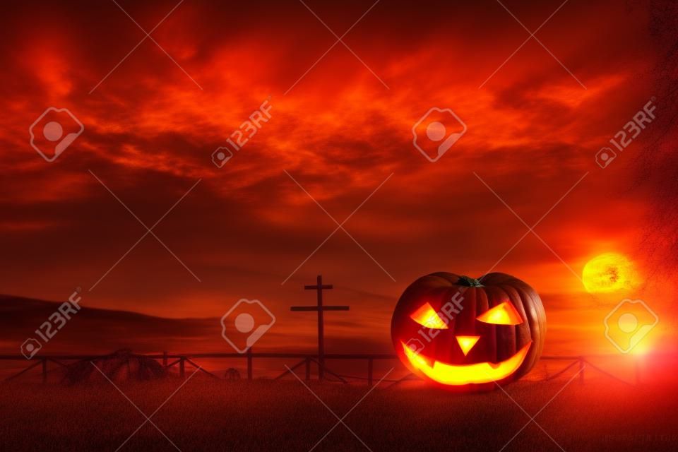 halloween pumpkins on bakground sunset
