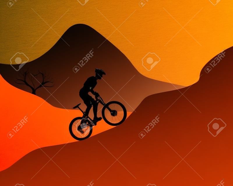 Silhouette der ein Mountainbiker fahren bergab auf einem orangefarbenen Hintergrund