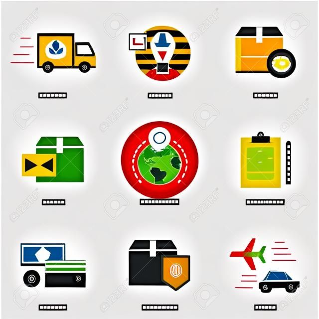 Logistyka i dostawy zestaw ikon wektorowych: dostawy, usługi kurierskie, paczki, powrót, na całym świecie, dokumenty płatności, ubezpieczenie cargo. Nowoczesny styl linii