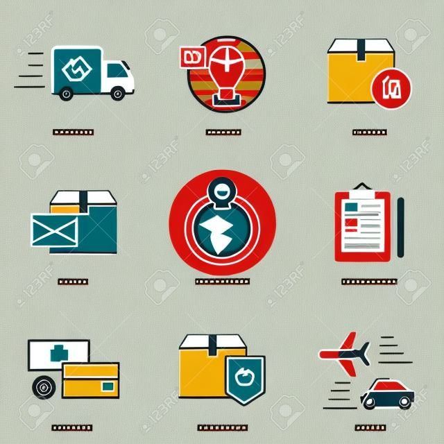 Logistics and delivery vector icons set: delivery, courier, return, parcel, worldwide, documents, payment, insurance, cargo. Modern line style