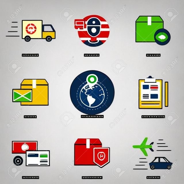 Logistique et icônes vectorielles de livraison définis: la livraison, courrier, retour, parcelle, dans le monde entier, des documents, paiement, assurance, fret. Style de ligne moderne