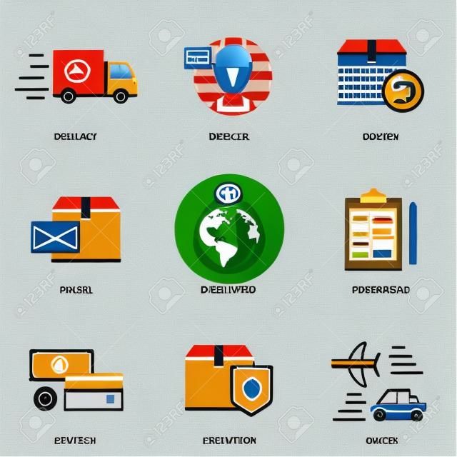 Logistics and delivery vector icons set: delivery, courier, return, parcel, worldwide, documents, payment, insurance, cargo. Modern line style
