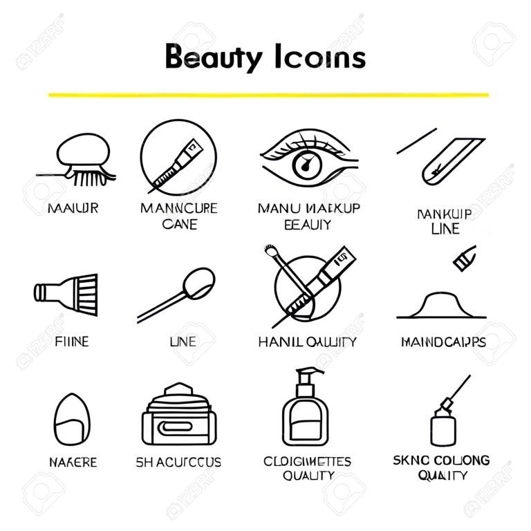 Beauty vector icons set: manicure, eye and lip makeup, haircut, hair coloring, hairstyle, skin care, beauty products, cosmetics. Line style