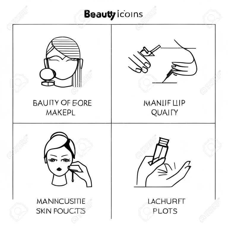 Schoonheid vector pictogrammen set: manicure, oog en lip make-up, kapsel, haarkleuring, kapsel, huidverzorging, schoonheidsproducten, cosmetica.