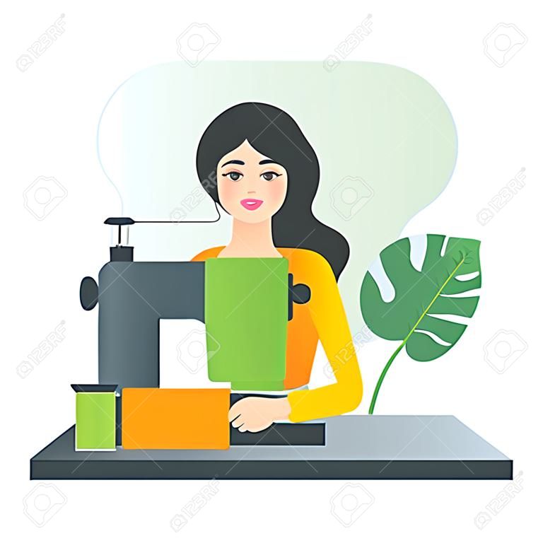 Vector illustratie van een vrouw met behulp van naaimachine