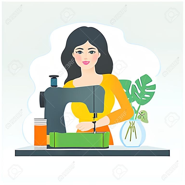 Vector illustration of a woman using sewing machine