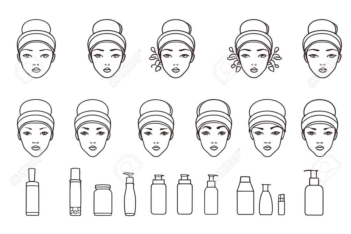 Iconos de vector de cuidado de la piel facial
