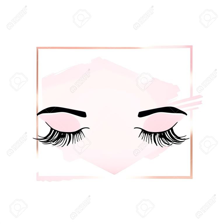 Logotipo das pestanas e sobrancelhas no fundo rosa com quadro geométrico retângulo