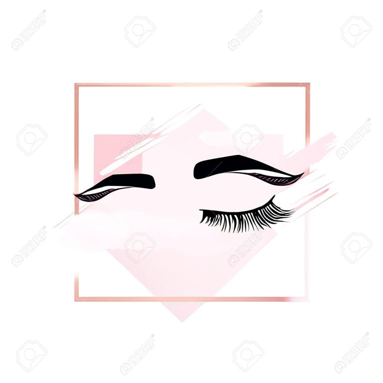 Eyelashes and eyebrows logo on pink background with rectangle geometric frame