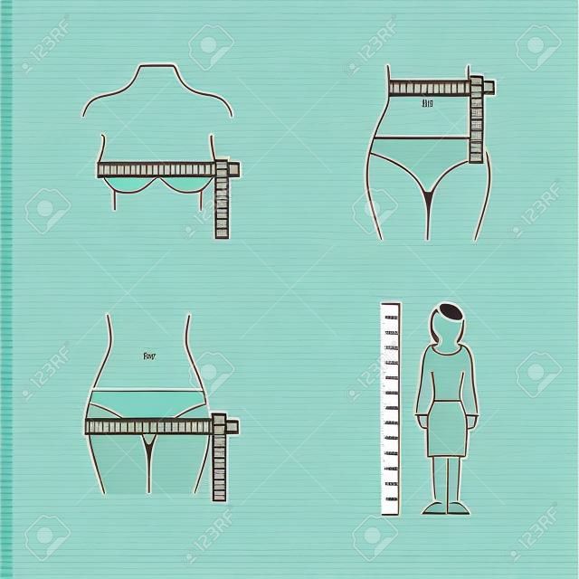 Wymiary ciała kobiety: klatka piersiowa, talia, biodra. Styl linii ikon wektorowych