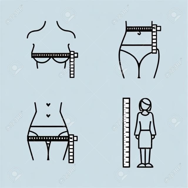 Medidas corporales de las mujeres: pecho, cintura, cadera. Estilo de línea de iconos vectoriales
