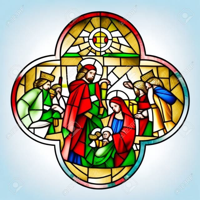 Kształt krzyża ze sceną Bożego Narodzenia i Pokłonu Trzech Króli w stylu witrażu. Ilustracji wektorowych