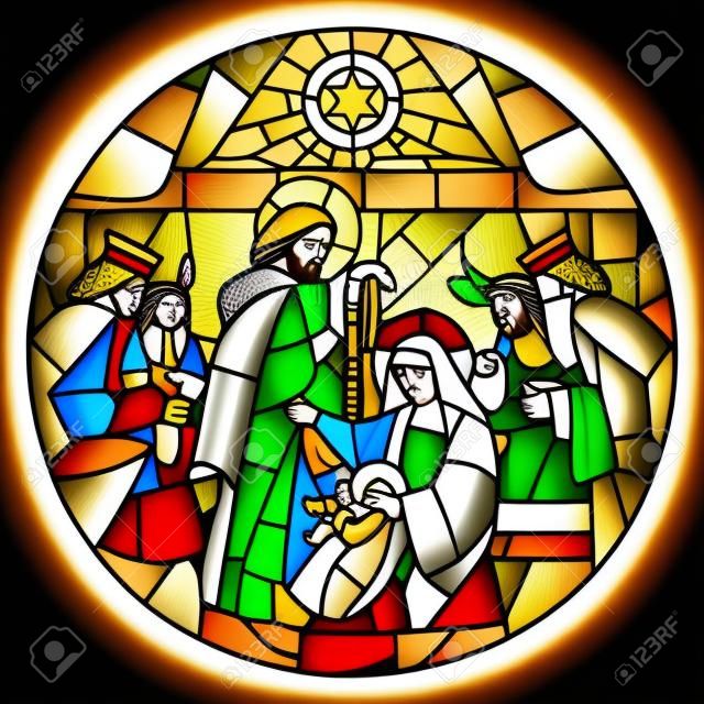 Circle shape with the Christmas and Adoration of the Magi scene in stained glass style. Vector illustration